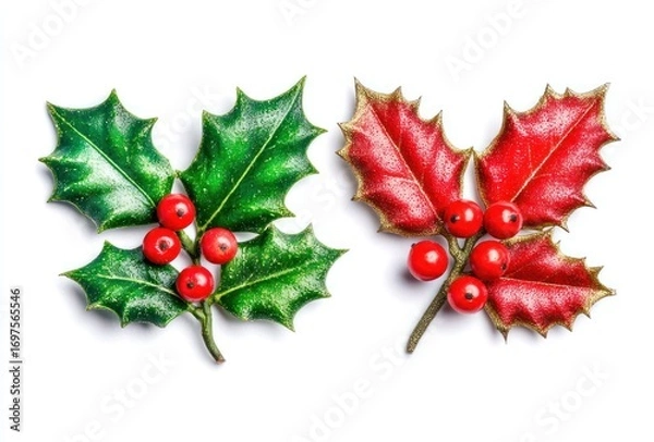 Fototapeta Holly sprigs; one green, one red, with shiny berries. Isolated on a white background with shadows