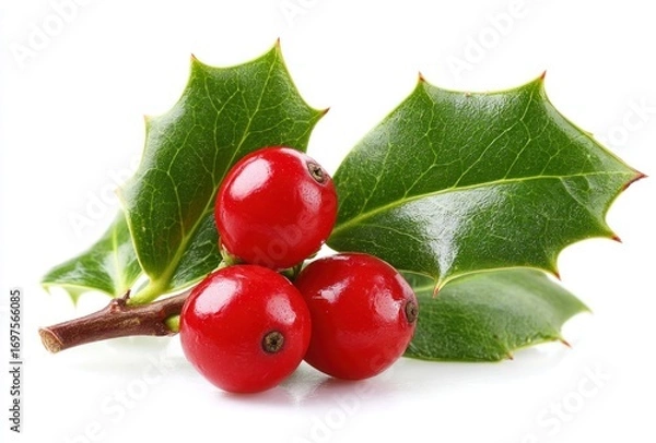 Fototapeta Vibrant sprig of holly. Three bright red berries are clustered near spiky, glossy green leaves. The twig's brown. Isolated on white