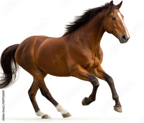 Fototapeta Chestnut horse galloping swiftly on a white background, mane flowing, capturing dynamic movement, side view