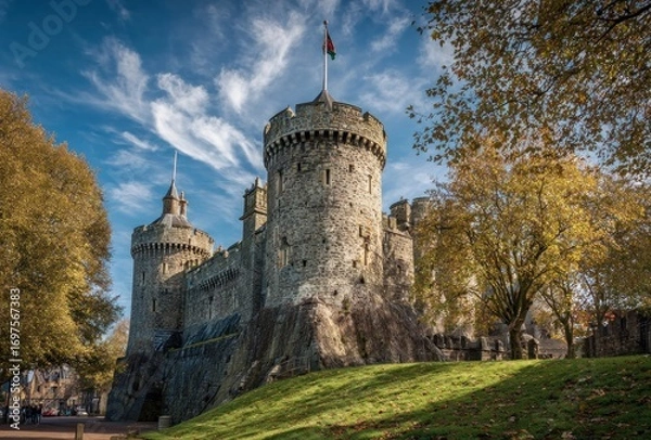 Fototapeta Majestic stone castle, bathed in sunlight, rises from a grassy hill under a vibrant blue sky with wispy clouds. Autumn trees frame the scene
