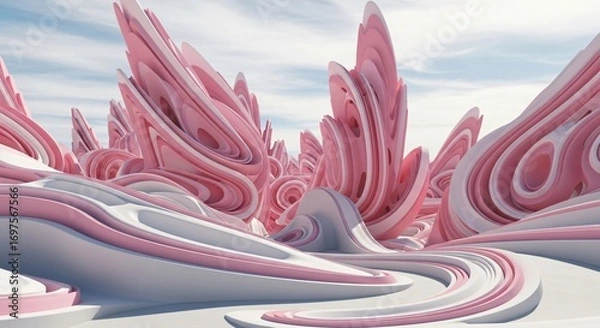 Fototapeta Surreal Pink and White Abstract Landscape with Flowing Curves