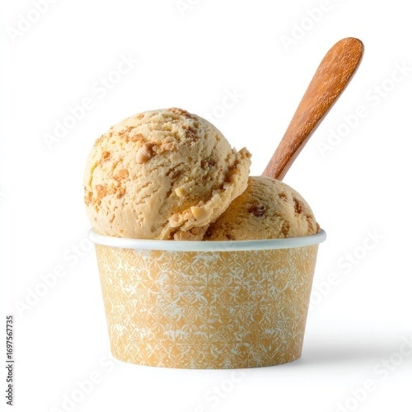Fototapeta Two scoops of tan ice cream in a patterned paper cup with a small wooden spoon, against a white background