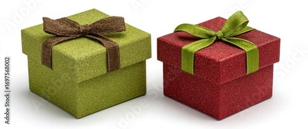 Fototapeta Two gift boxes, one green with a brown ribbon, one red with a green ribbon, cast soft shadows on white