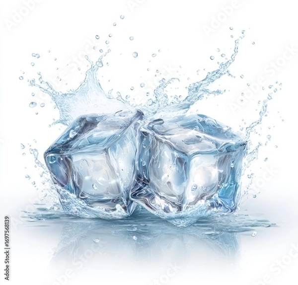 Fototapeta Two ice cubes rest amidst a splash of crystalline water, reflecting on a smooth, glossy surface