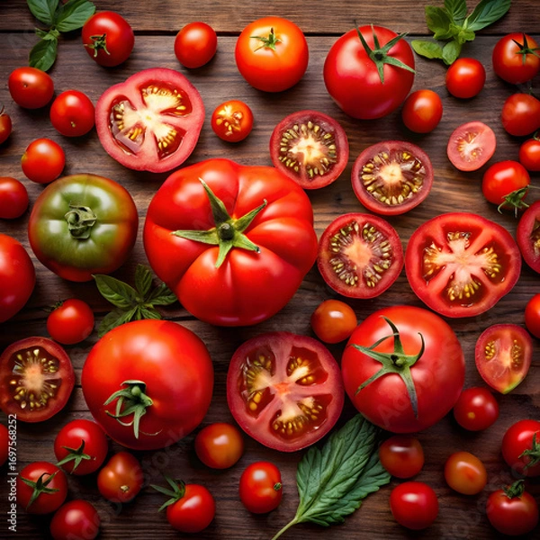 Fototapeta collection of red tomatoes whole halved and sliced