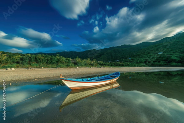 Fototapeta A boat resting on the shore of a calm lake with mountains and a cloudy sky in the background scene view