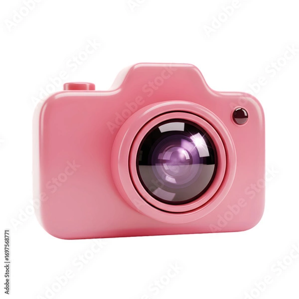 Fototapeta Cute pink toy camera with a reflective lens on a black background