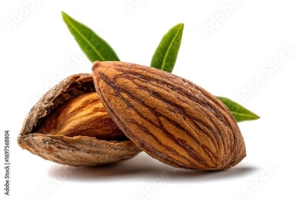 Fototapeta Close-up of almonds, one partially shelled, revealing the nut, complemented by fresh green leaves against a pure white background