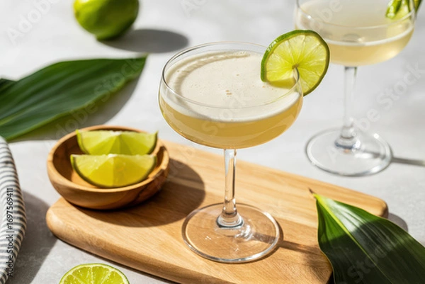 Fototapeta Close up of two cocktails with lime garnish on a wooden board with tropical leaves around them
