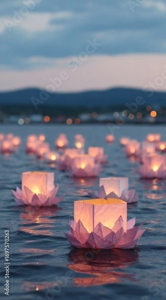 Fototapeta Floating paper lanterns, resembling lotus flowers, glow on dark water at dusk, with mountains in the distance