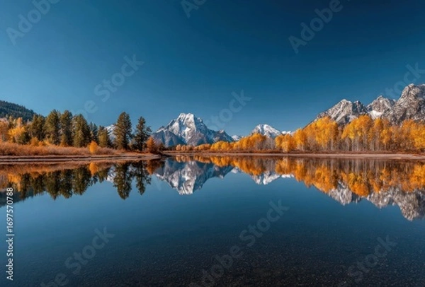 Fototapeta Crisp image of golden autumn trees reflecting in lake water, with snowy mountains in the background against a clear blue sky