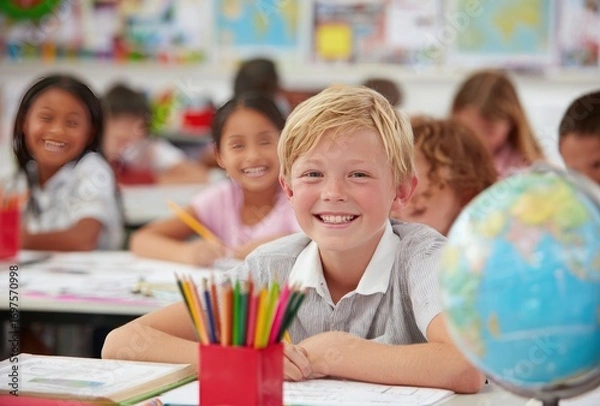 Fototapeta Happy classroom with diverse students smiling, studying. A blond boy sits in the foreground with globe and pencils on desk. Brightly lit setting