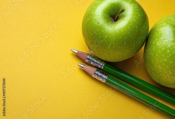 Fototapeta Two green apples rest beside two green pencils against a bright yellow background. Close up, eye level, plenty of negative space
