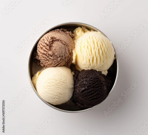 Fototapeta Four ice cream scoops, vanilla, chocolate, etc., arranged in a metal bowl on a plain white background, top-down view