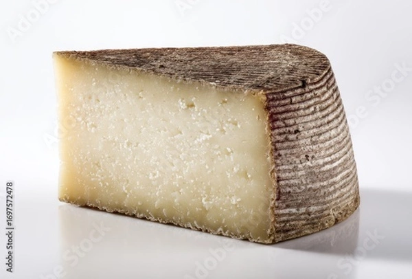 Fototapeta Triangular wedge of ivory cheese with a textured rind sits on a seamless white surface, casting a soft reflection