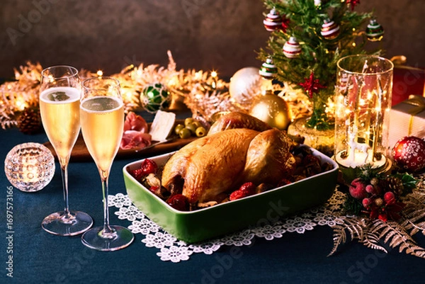 Fototapeta クリスマスツリーとイルミネーションに囲まれた食卓にローストチキンとシャンパンが並ぶ華やかなホリデーディナー　家族やカップルの祝宴をイメージさせる温かい雰囲気