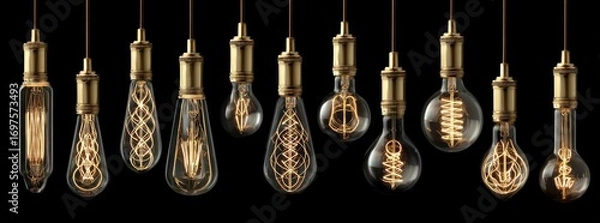 Fototapeta A row of glowing vintage-style light bulbs of various shapes and intricate filament designs hang against a solid black background