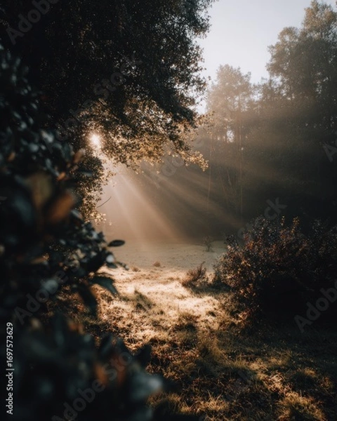 Fototapeta A pathway through a forest is illuminated by beams of sunlight piercing through the dense canopy on a misty morning