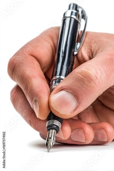 Fototapeta Close-up of a human hand holding and about to write with a silver fountain pen against a white background