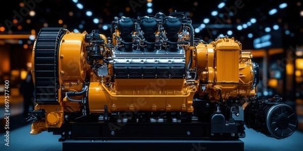 Fototapeta This image showcases a powerful industrial diesel engine, highlighting its intricate details and design.