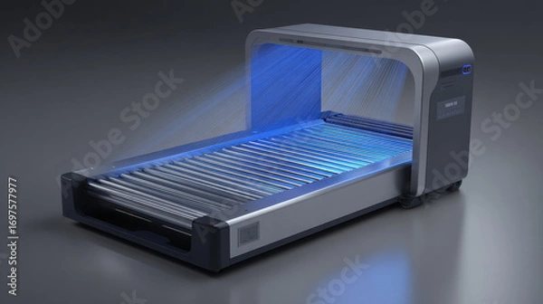 Fototapeta sleek luggage scanner archway emitting blue scanning beams over roller tray modern airport security tech illustration concept scene visual for commercial design use high detail quality stock image ill