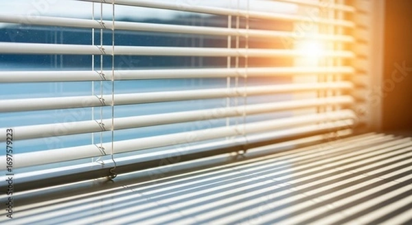 Fototapeta Sunlight Streams through Window Blinds Casting Striped Shadows Indoors