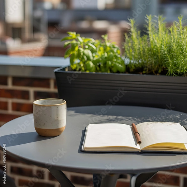 Fototapeta Rooftop balcony table with notebook coffee mug and herb planter
