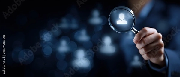 Fototapeta Hand holding magnifying glass selecting person from blurry people icons, concept of recruitment, searching for talent, customer or client