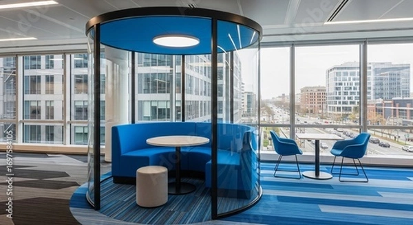Fototapeta Modern Office Breakout Space with Blue Seating and City View