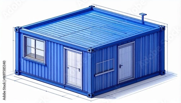 Fototapeta A vivid blue container-style building, showcasing modern architecture and design