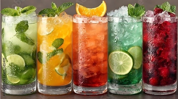 Fototapeta Refreshing colorful cocktails with mint and citrus drinks beverages