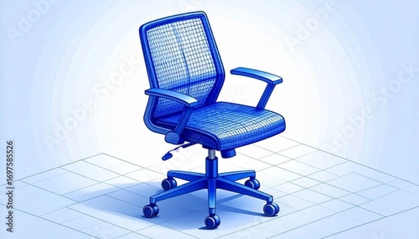 Fototapeta A stylish blue office chair on a light blue background, symbolizing a workspace environment. The chair is designed with ergonomic features, showcasing modern office furniture