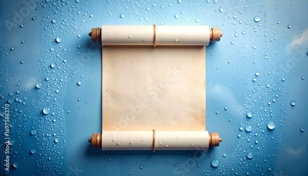 Obraz Ancient Scroll on Water Droplets Background with Copyspace for Text