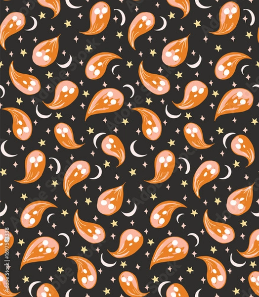 Fototapeta Cute ghosts swaying in the sky filled with moons and stars in colors of orange, yellow and off white on black background. Halloween seamless vector pattern. Great for home decor, fabric, wallpaper,etc