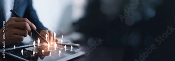 Fototapeta Businessman is using tablet managing human resources on virtual screen, recruitment, hr, human resource management concept