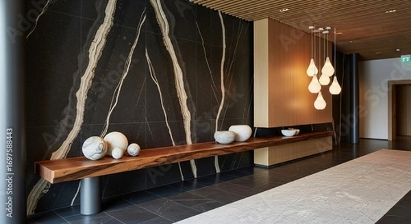Fototapeta Elegant Modern Lobby with Unique Stone Wall and Warm Lighting
