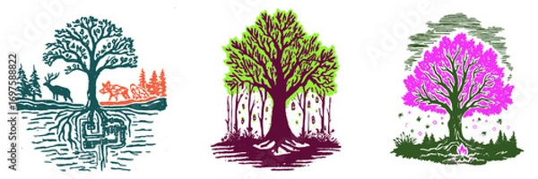 Obraz Vibrant Tree Illustrations with Nature Elements and Seasonal Themes