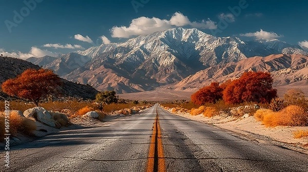 Fototapeta Asphalt road leading to snow capped mountains and autumn trees highway