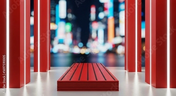Fototapeta Modern Red Stage with Neon Lights and City Bokeh Background