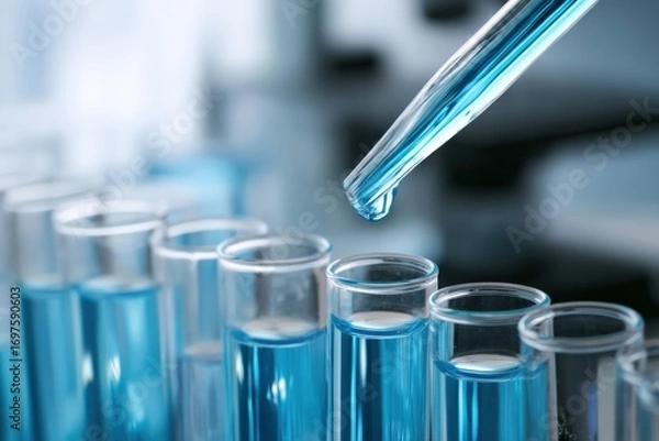 Fototapeta Pipette is dripping blue liquid into test tubes in a laboratory, conducting scientific research and analysis