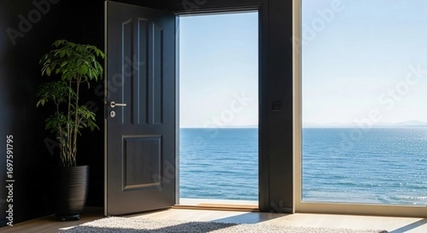 Fototapeta Open Door to Stunning Ocean View, Inviting Peaceful Escape