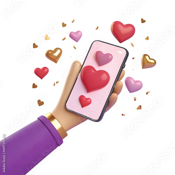 Fototapeta Hand holding phone with hearts isolated on a transparent background