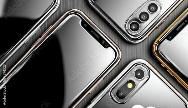 Fototapeta Several modern smartphones in silver and gold, angled and overlapping, against a dark textured background