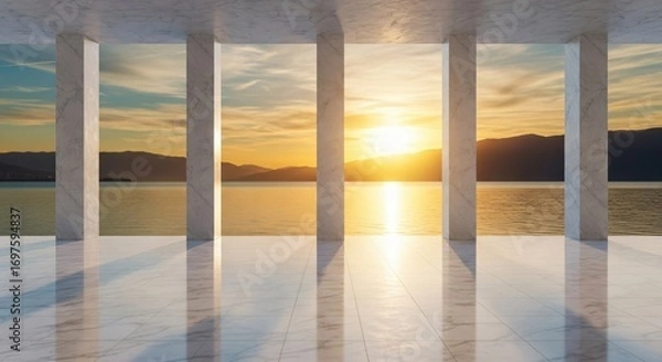 Fototapeta Stunning Sunset View through Marble Columns over Tranquil Ocean