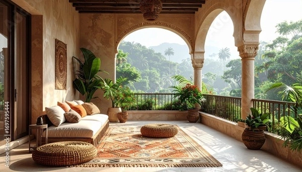 Fototapeta Escapism concept,boho design living room with calm tropical view.