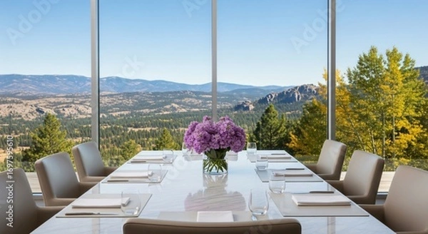 Fototapeta Elegant Dining Setting with Stunning Mountain View, Perfect for Events