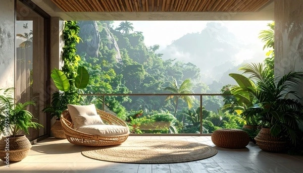 Fototapeta Escapism concept,boho design living room with calm tropical view.