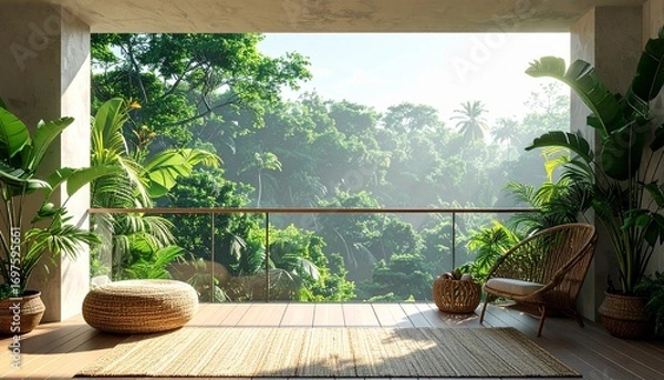 Fototapeta Escapism concept,boho design living room with calm tropical view.
