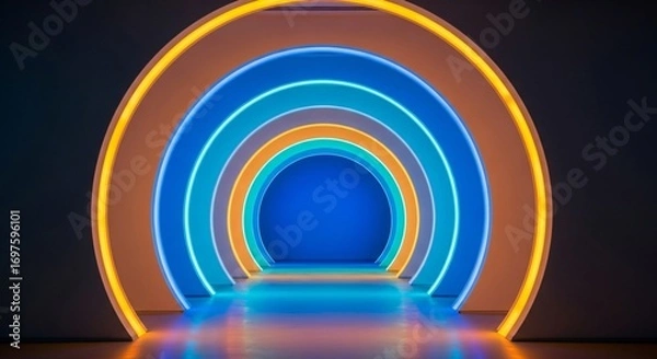 Fototapeta Step into Vibrant Future through Glowing Neon Arched Tunnel