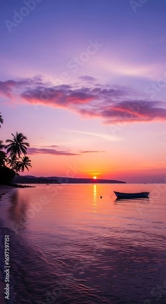 Fototapeta Serene tropical beach at sunset with vibrant purple and orange sky, palm trees silhouetted against the horizon, and a lone boat floating on calm water.